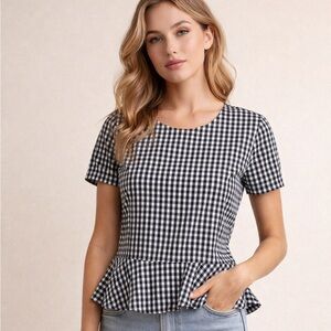 Chevignon Black White Gingham Blouse S Peplum Short Sleeve Cottagecore Preppy